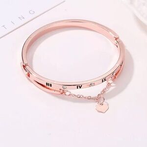 Rose Gold Bangle Bracelet with Heart Charm, Rose Gold Roman Numerals Bracelet